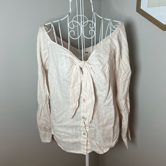 Free People Women's Linen Striped Off Shoulder Tie Hello There Beautiful Top M - Picture 2 of 7